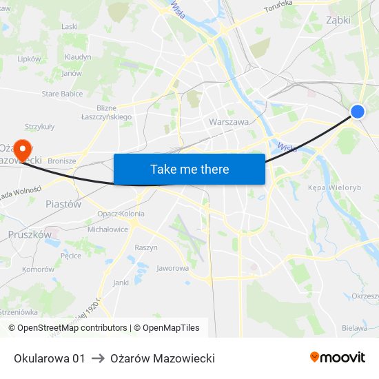 Okularowa 01 to Ożarów Mazowiecki map