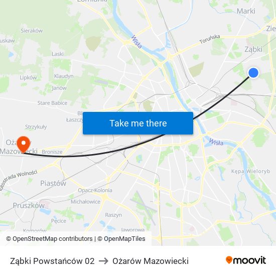 Ząbki Powstańców 02 to Ożarów Mazowiecki map