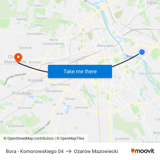 Bora - Komorowskiego 04 to Ożarów Mazowiecki map