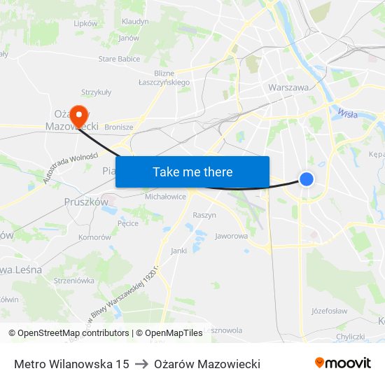 Metro Wilanowska 15 to Ożarów Mazowiecki map