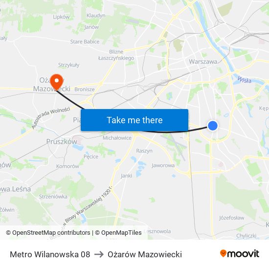 Metro Wilanowska to Ożarów Mazowiecki map