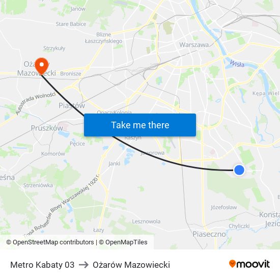 Metro Kabaty 03 to Ożarów Mazowiecki map