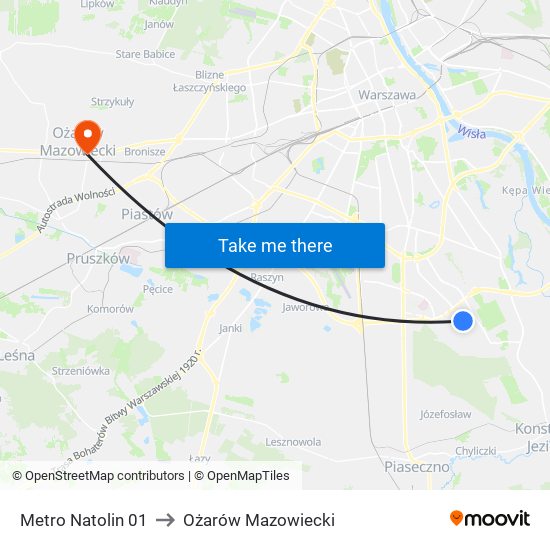 Metro Natolin to Ożarów Mazowiecki map