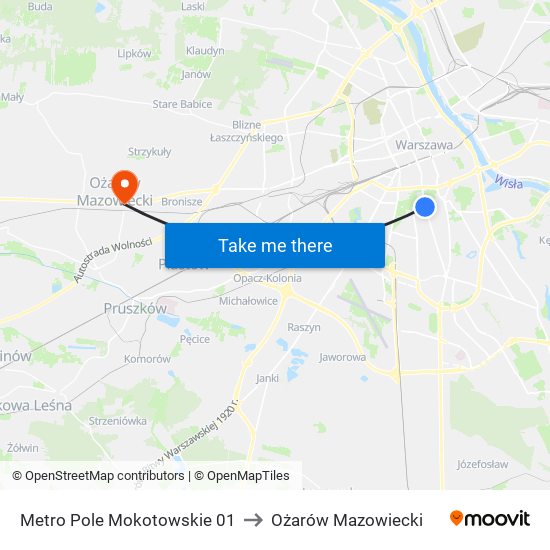 Metro Pole Mokotowskie 01 to Ożarów Mazowiecki map