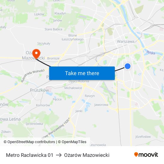 Metro Racławicka to Ożarów Mazowiecki map