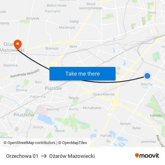 Orzechowa 01 to Ożarów Mazowiecki map