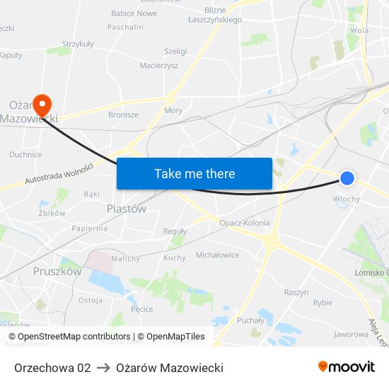 Orzechowa 02 to Ożarów Mazowiecki map