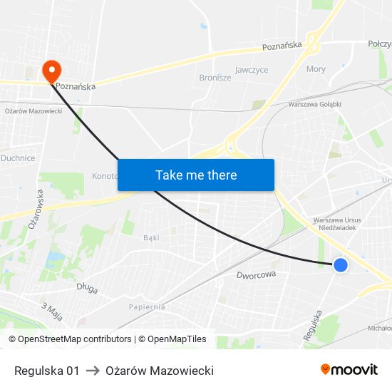 Regulska 01 to Ożarów Mazowiecki map