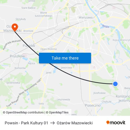 Powsin-Park Kultury to Ożarów Mazowiecki map