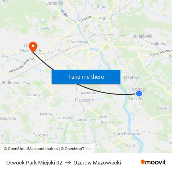 Otwock Park Miejski to Ożarów Mazowiecki map