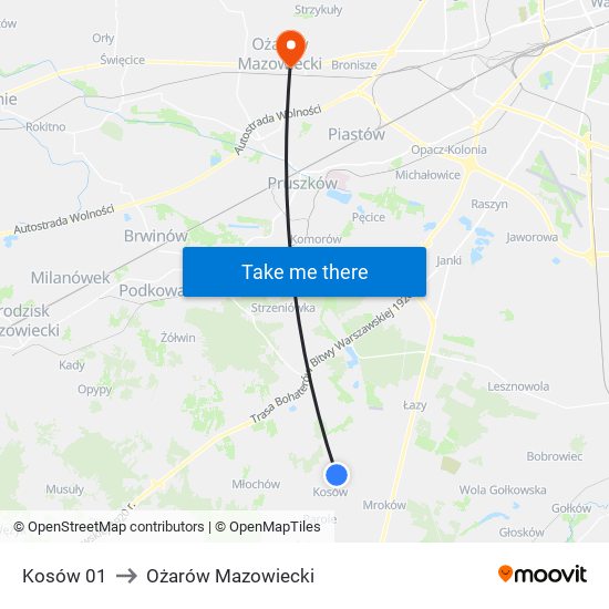 Kosów 01 to Ożarów Mazowiecki map