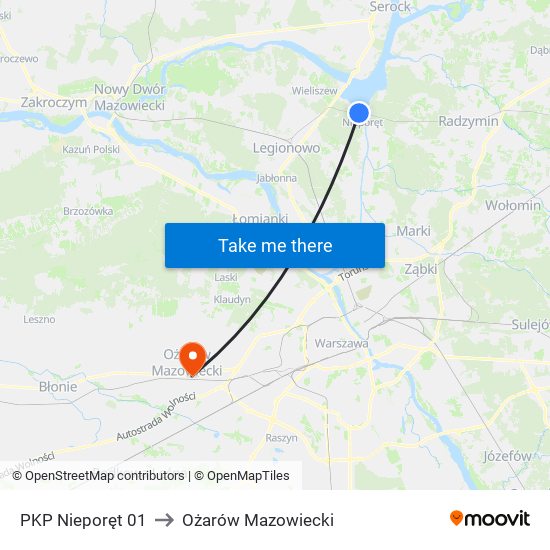 PKP Nieporęt 01 to Ożarów Mazowiecki map