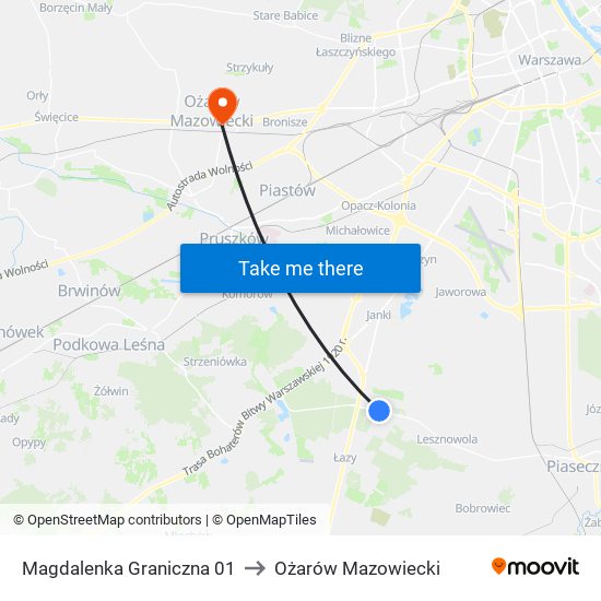 Magdalenka Graniczna 01 to Ożarów Mazowiecki map