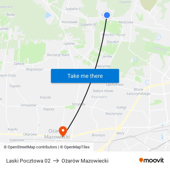 Laski Pocztowa 02 to Ożarów Mazowiecki map