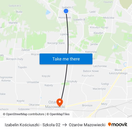 Izabelin Kościuszki - Szkoła 02 to Ożarów Mazowiecki map