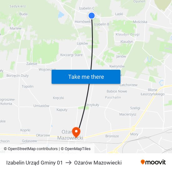 Izabelin Urząd Gminy 01 to Ożarów Mazowiecki map