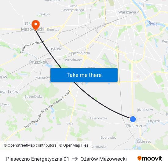 Piaseczno Energetyczna 01 to Ożarów Mazowiecki map