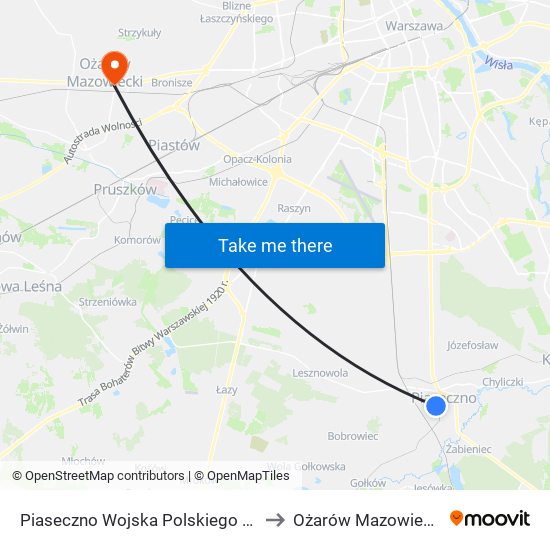 Piaseczno Wojska Polskiego 01 to Ożarów Mazowiecki map