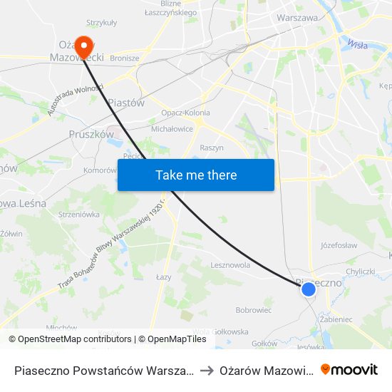 Piaseczno Powstańców Warszawy 02 to Ożarów Mazowiecki map