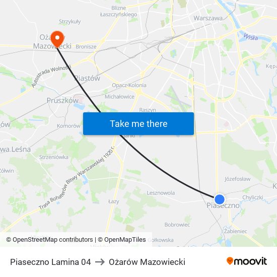 Piaseczno Lamina to Ożarów Mazowiecki map