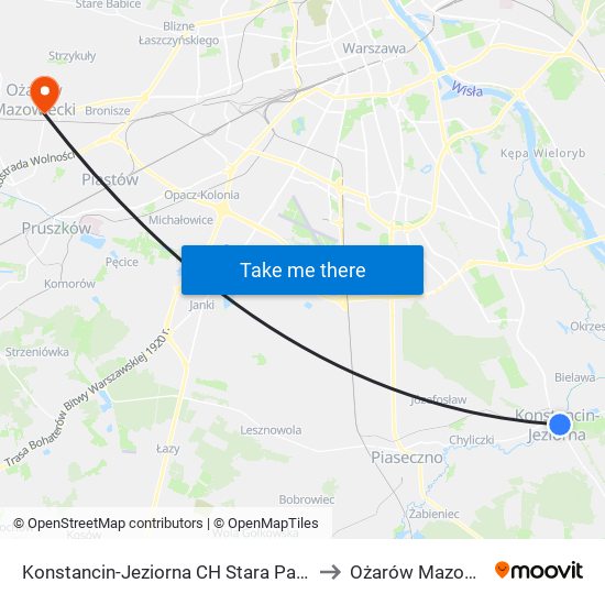 Konstancin-Jeziorna CH Stara Papiernia 01 to Ożarów Mazowiecki map