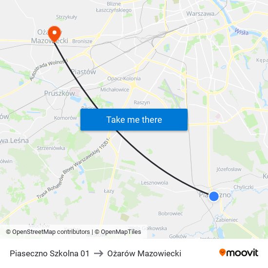 Piaseczno Szkolna to Ożarów Mazowiecki map