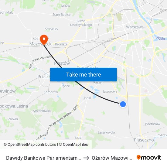 Dawidy Bankowe Parlamentarna to Ożarów Mazowiecki map