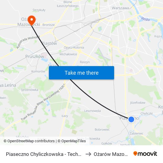 Piaseczno Chyliczkowska-Technikum to Ożarów Mazowiecki map