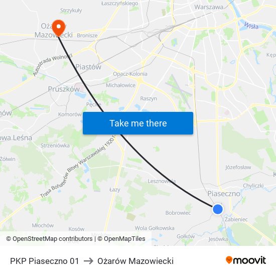 PKP Piaseczno 01 to Ożarów Mazowiecki map