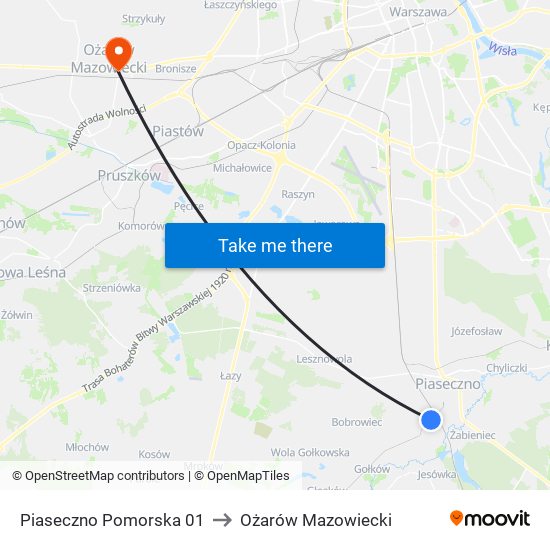 Piaseczno Pomorska 01 to Ożarów Mazowiecki map