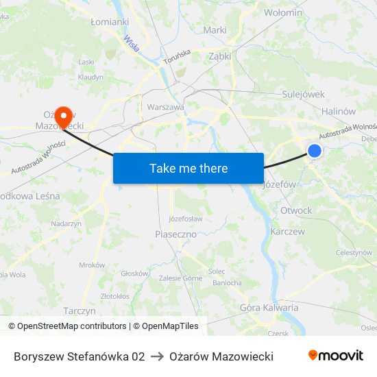 Boryszew Stefanówka 02 to Ożarów Mazowiecki map