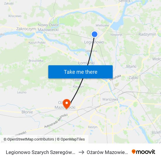 Legionowo Szarych Szeregów to Ożarów Mazowiecki map