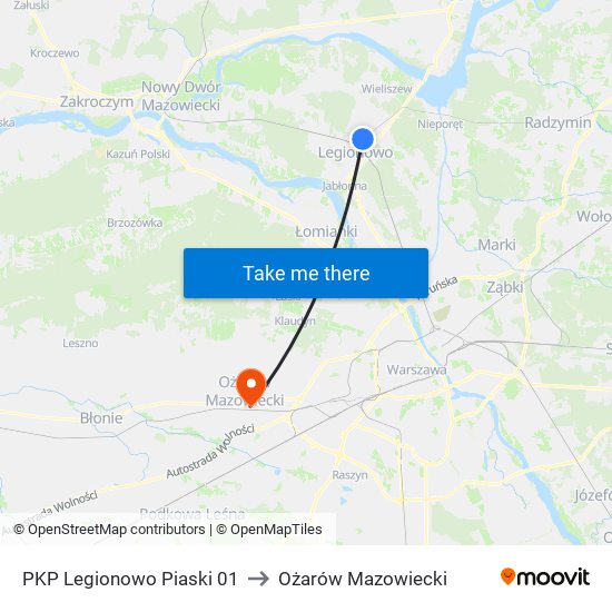 PKP Legionowo Piaski to Ożarów Mazowiecki map