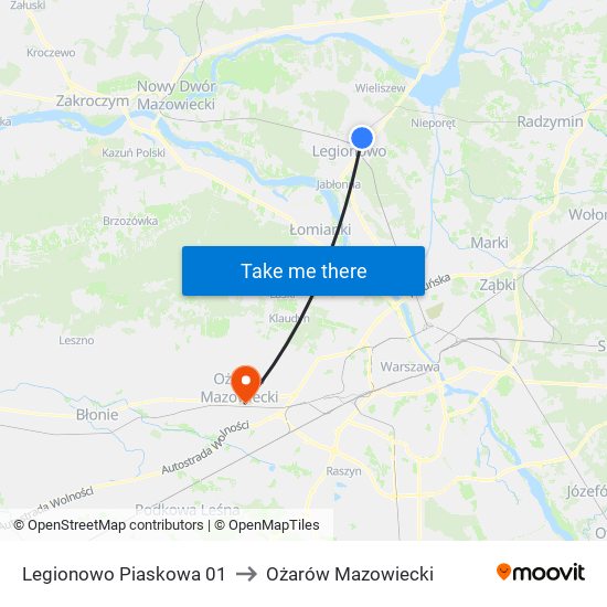 Legionowo Piaskowa to Ożarów Mazowiecki map