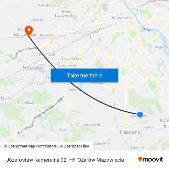 Józefosław Kameralna 02 to Ożarów Mazowiecki map