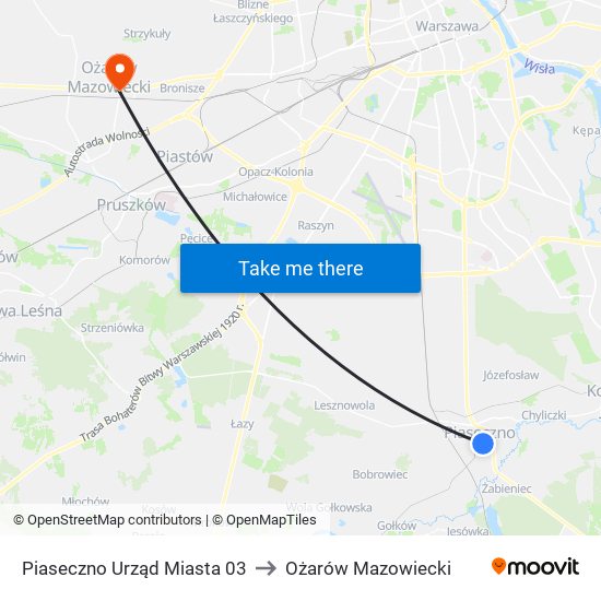 Piaseczno Urząd Miasta to Ożarów Mazowiecki map