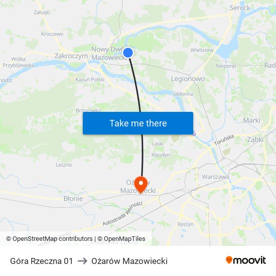 Góra Rzeczna to Ożarów Mazowiecki map