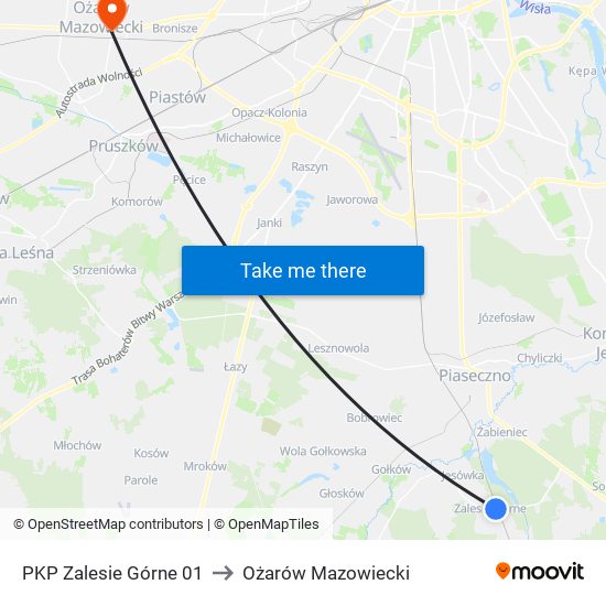 PKP Zalesie Górne 01 to Ożarów Mazowiecki map