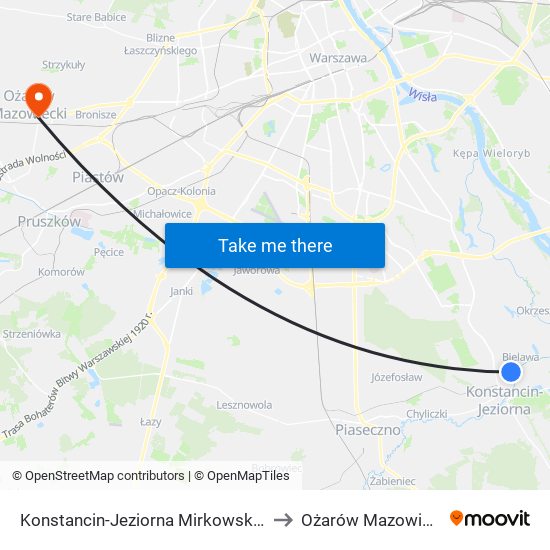 Konstancin-Jeziorna Mirkowska to Ożarów Mazowiecki map