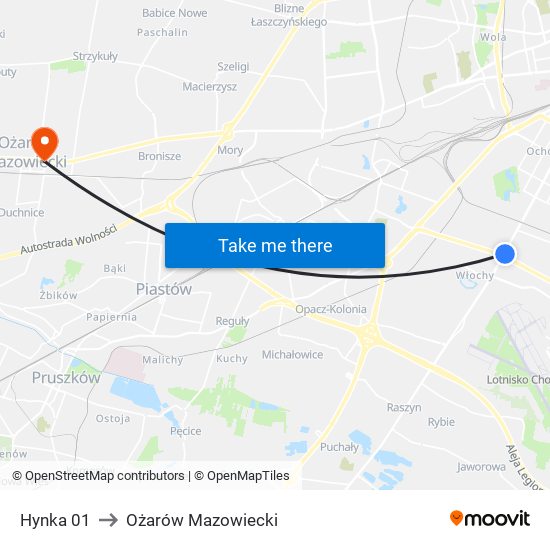 Hynka 01 to Ożarów Mazowiecki map