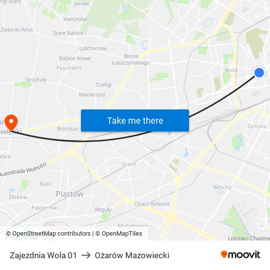 Zajezdnia Wola 01 to Ożarów Mazowiecki map