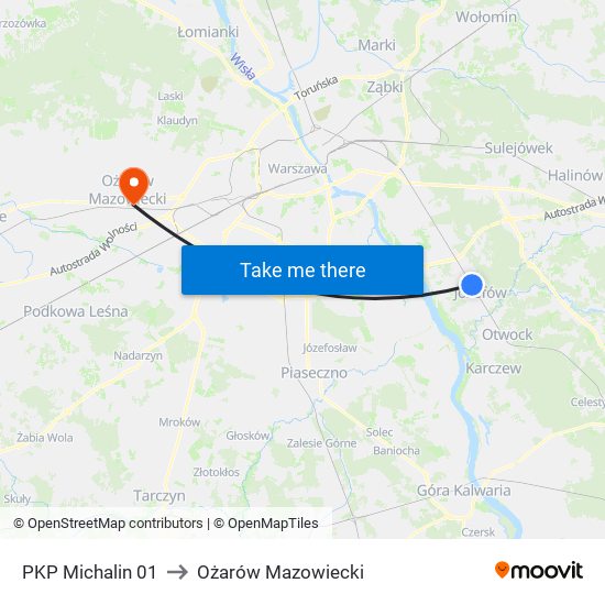 PKP Michalin 01 to Ożarów Mazowiecki map