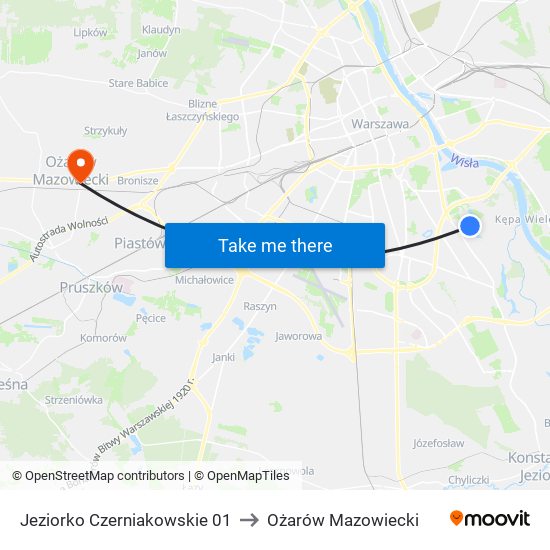 Jeziorko Czerniakowskie 01 to Ożarów Mazowiecki map