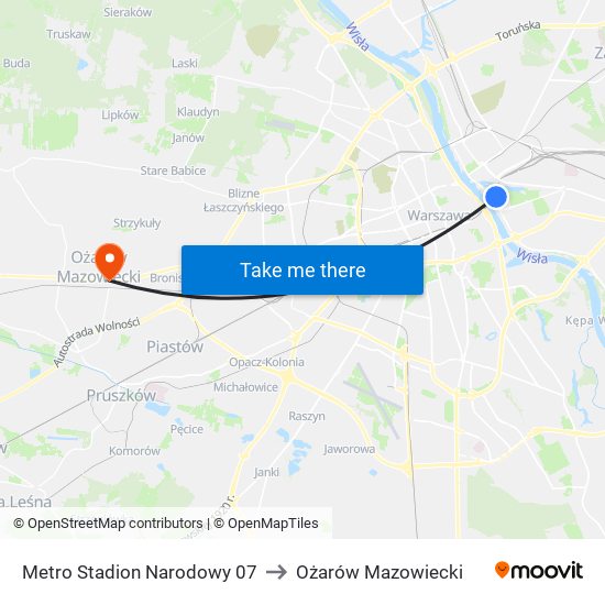 Metro Stadion Narodowy 07 to Ożarów Mazowiecki map