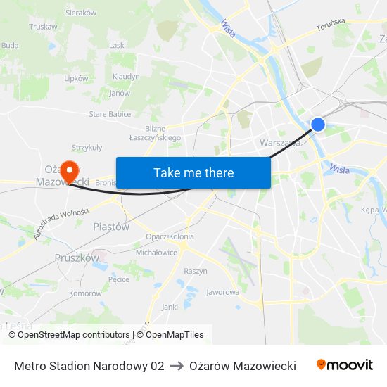 Metro Stadion Narodowy 02 to Ożarów Mazowiecki map