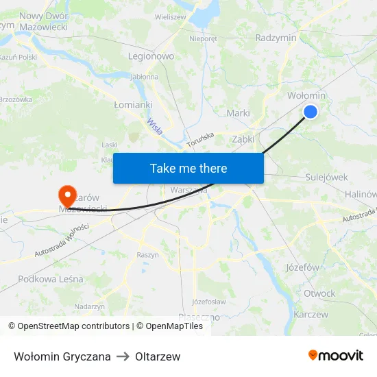 Wołomin Gryczana to Oltarzew map