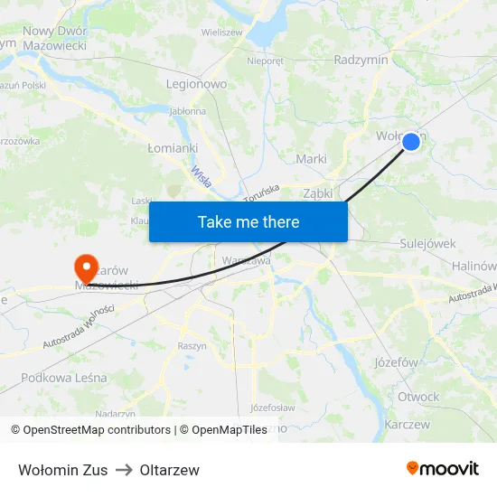 Wołomin Zus to Oltarzew map