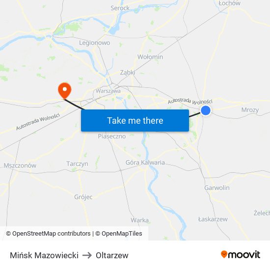 Mińsk Mazowiecki to Oltarzew map