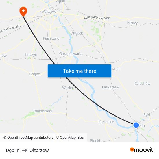 Dęblin to Oltarzew map