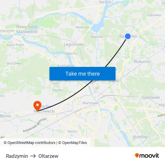 Radzymin to Oltarzew map